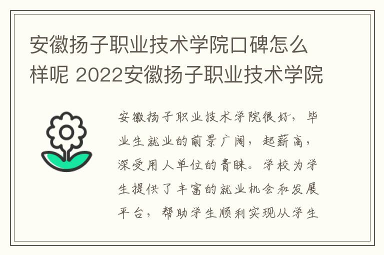 安徽扬子职业技术学院口碑怎么样呢 2022安徽扬子职业技术学院专业排名