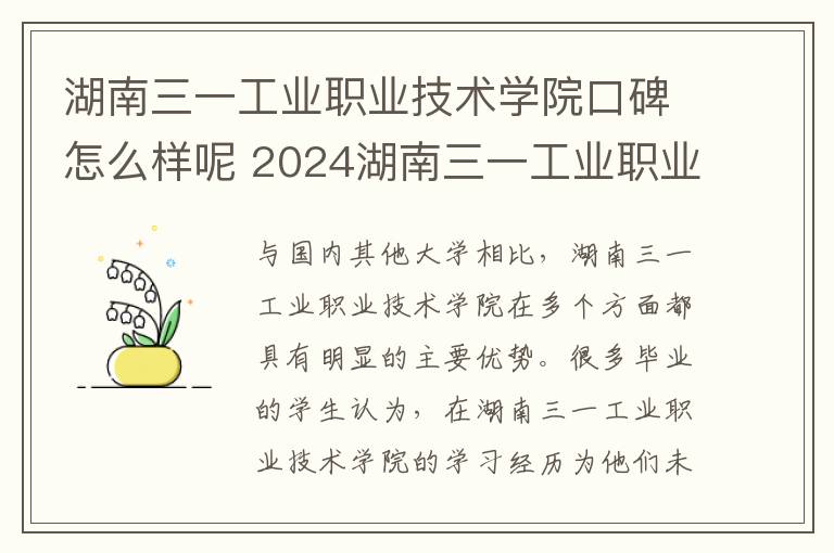 湖南三一工业职业技术学院口碑怎么样呢 2024湖南三一工业职业技术学院各省录取分数线是多少