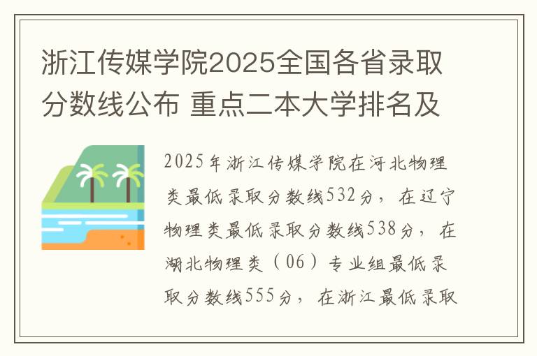浙江传媒学院2025全国各省录取分数线公布 重点二本大学排名及分数线一览表(2025年参考)