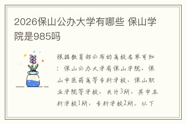 2026保山公办大学有哪些 保山学院是985吗