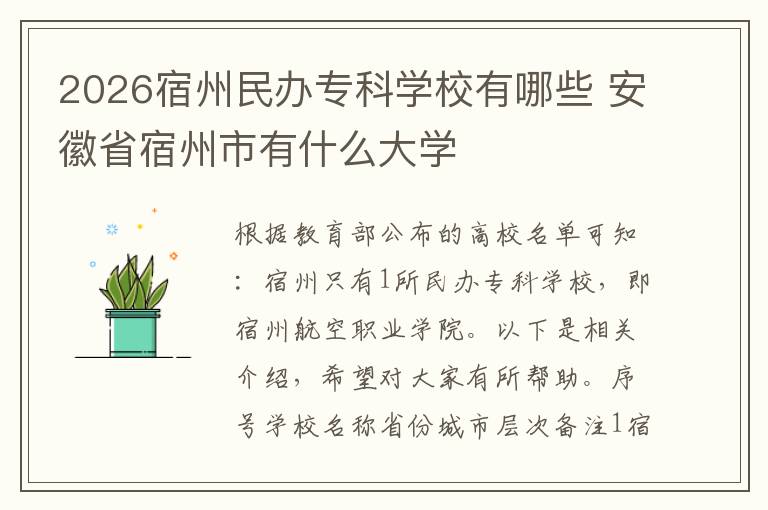 2026宿州民办专科学校有哪些 安徽省宿州市有什么大学