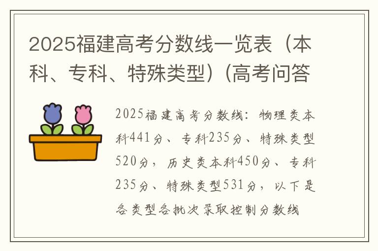2025福建高考分数线一览表（本科、专科、特殊类型）(高考问答：福建高考分数线报考指导)
