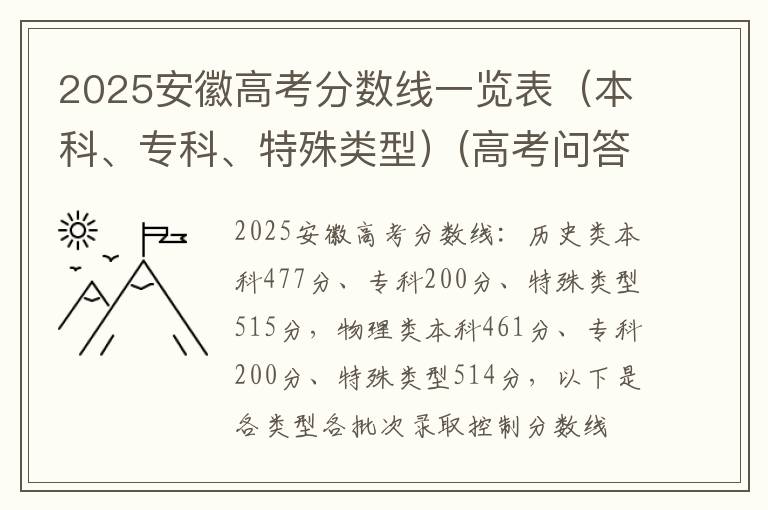 2025安徽高考分数线一览表（本科、专科、特殊类型）(高考问答：安徽高考分数线报考指导)